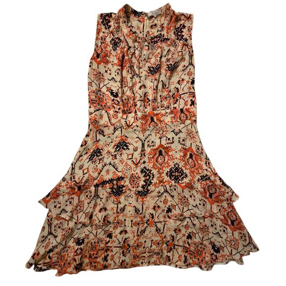 Parker Orange Abstract Dress Large 100% Silk Midi Tiered Flowy Wedding Vacation - Picture 1 of 9